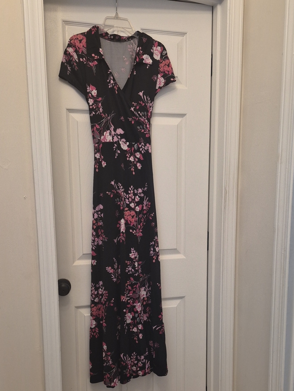 Floral Wrap Maxi Dress in Black with Pink Blossoms